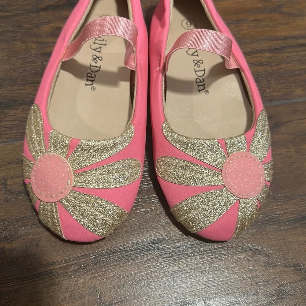 Lily & Dan Little Girls Pink Glitter Flower Ballet Flats Dress Shoes Size 9